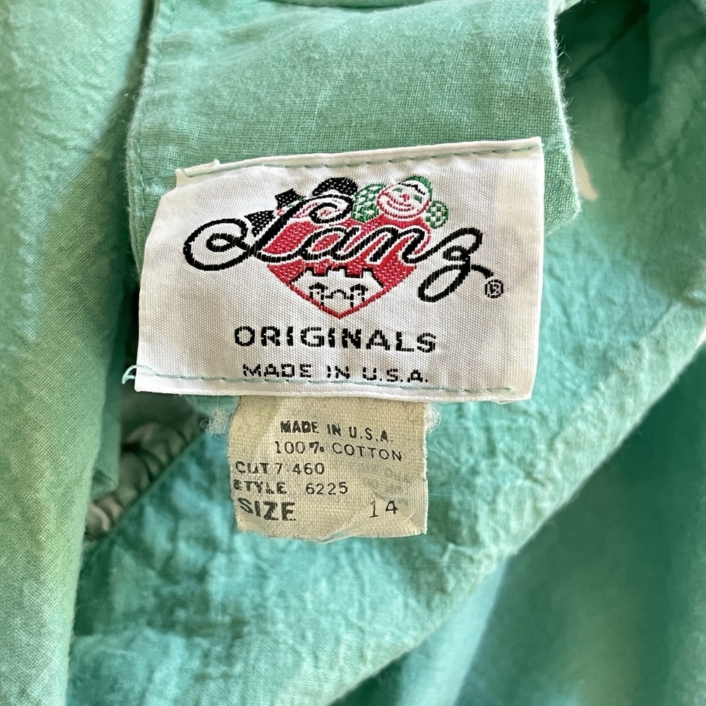 Vintage 80s Lanz Originals Halter Dress Womens 14 Aqua Green Belted Cotton - Picture 9 of 9